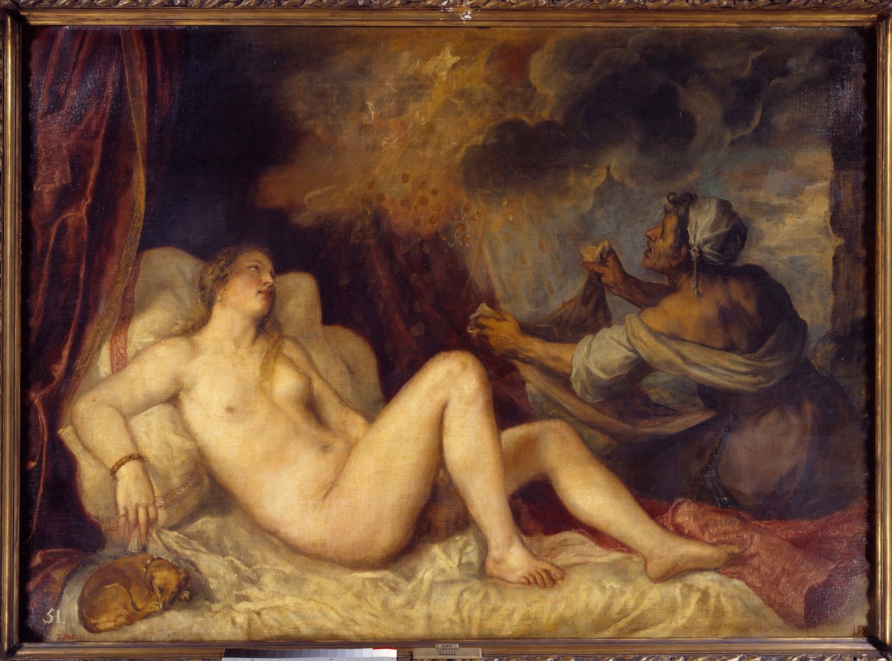Danae يتلقى المطر الذهبي يأتي زيوس إلى Danae لإغرائه على شكل مطر من العملات الذهبية. اللوحة التي رسمها تيزيانو فيسيليو تسمى تيتيان (1488-1576) 1553 صن. 1،29x1،8 م مدريد ، متحف برادو بواسطة تيزيانو فيتشيلي