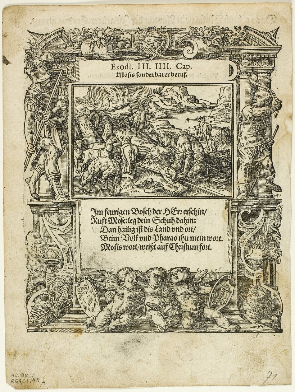 موسى والشجيرة المحترقة (وجه الوجه) والرضع موسى في النهر (ظهر) من Neue künstliche Figuren biblischer Historien ، اللوحة 55 من Woodcuts من كتب القرن السادس عشر بواسطة موالف توبياس