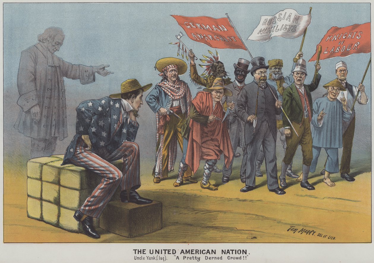 الأمة الأمريكية المتحدة، سخرية من تنوع المهاجرين في المجتمع الأمريكي في القرن التاسع عشر (طباعة حجرية ملونة) بواسطة توم ميري