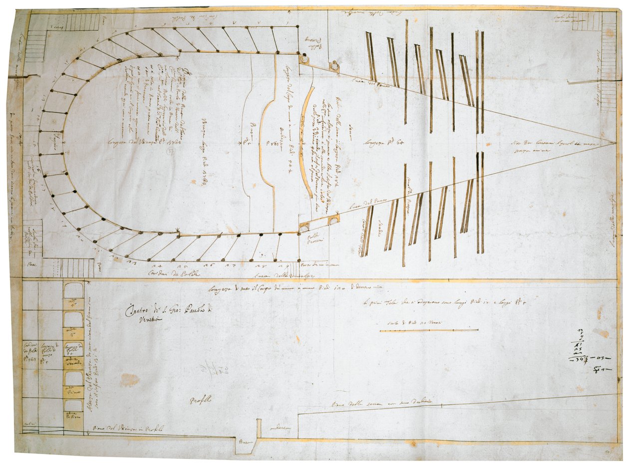 مخطط الأرضية لمسرح سانتي جيوفاني إي باولو في البندقية ، صممه كارلو فونتانا ، 1654 (حبر في ورق) بواسطة توماسو بيزي