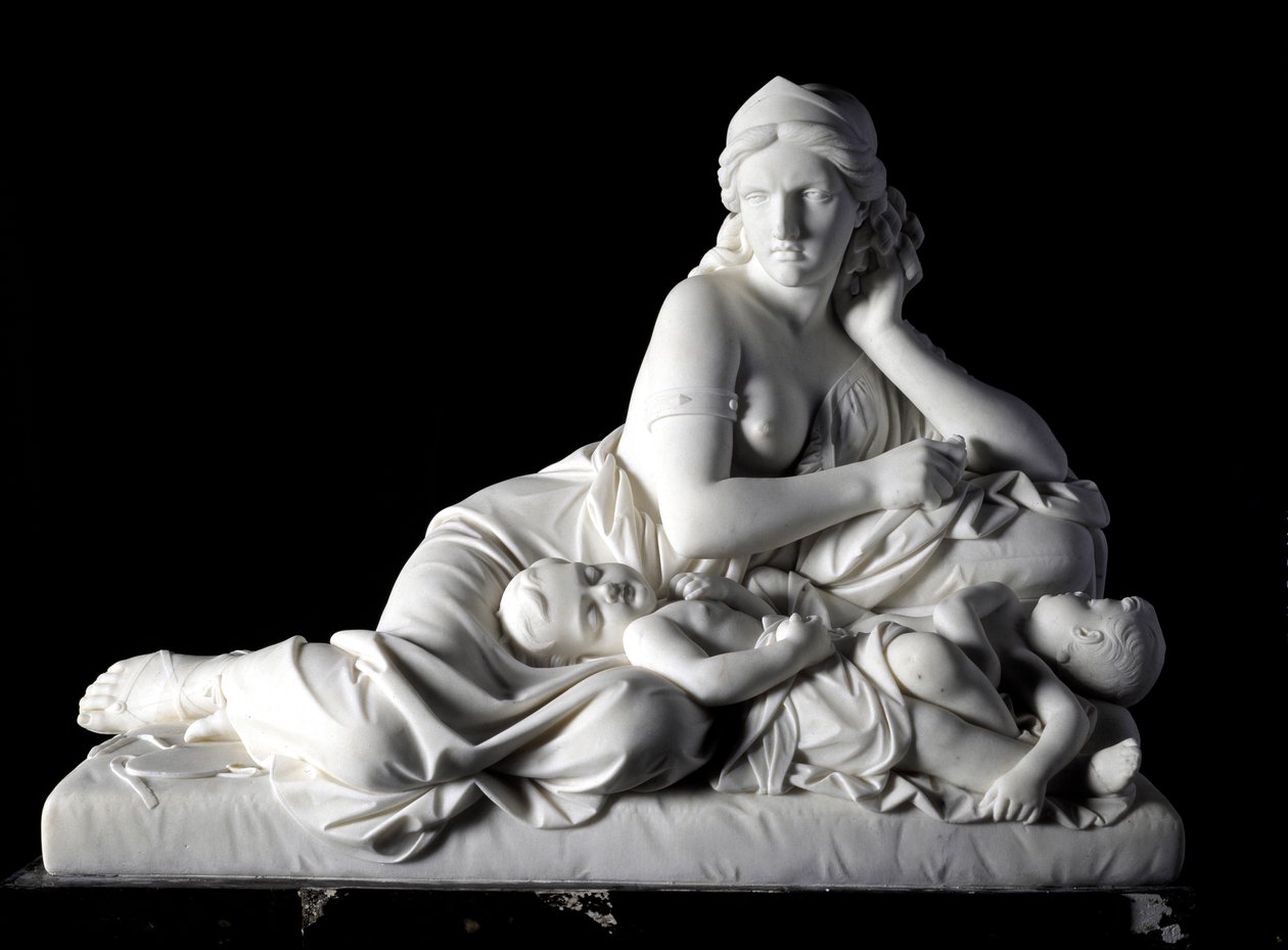 ميدي تفكر في قتل أطفالها النحت الرخامي لتوماسو سولاري (1820-1897) 1863. خافت. 60x80x38 سم من مجموعة Prince Odone di savoia. الجينات ، Art Gallery Moderna ، الجرد. 744 بواسطة توماسو سولاري