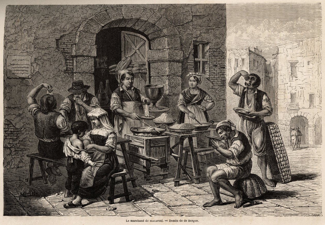 تاجر المعكرونة ، رسمه بيرج ، لتوضيح نابولي والنابولية ، في عام 1861 ، بواسطة مارك مونييه (1829-1885). نقش في "" Le Tour du monde "" 1861. مجموعة سيلفا. بواسطة توني فرانسوا دي بيرغو