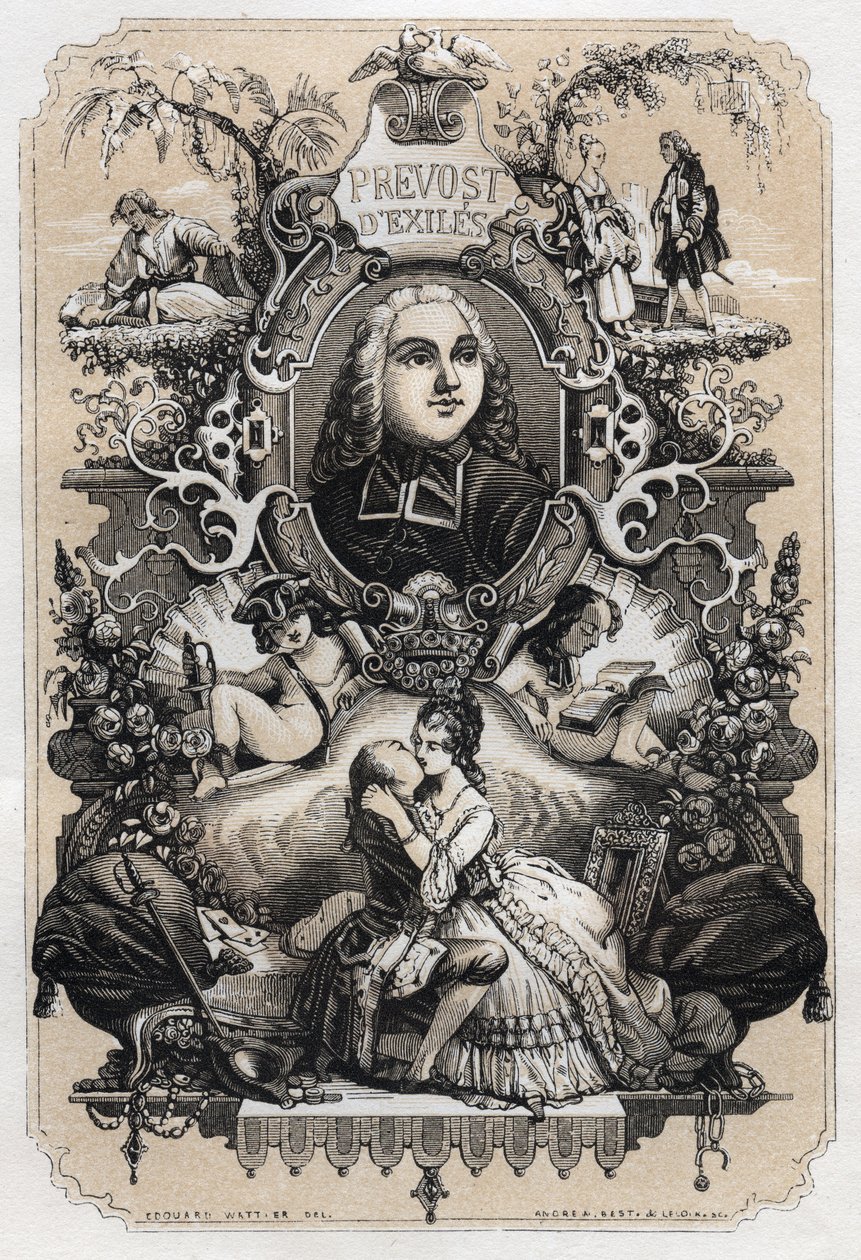 واجهة كتاب "Histoire de Manon Lescaut et du Chevalier Des Grieux" بقلم آبي بريفوست (أنطوان فرانسوا بريفوست) (1697-1763) - طبعة من عام 1839 رسمها توني جوهانوت (1803-1852) بواسطة توني جوهانو