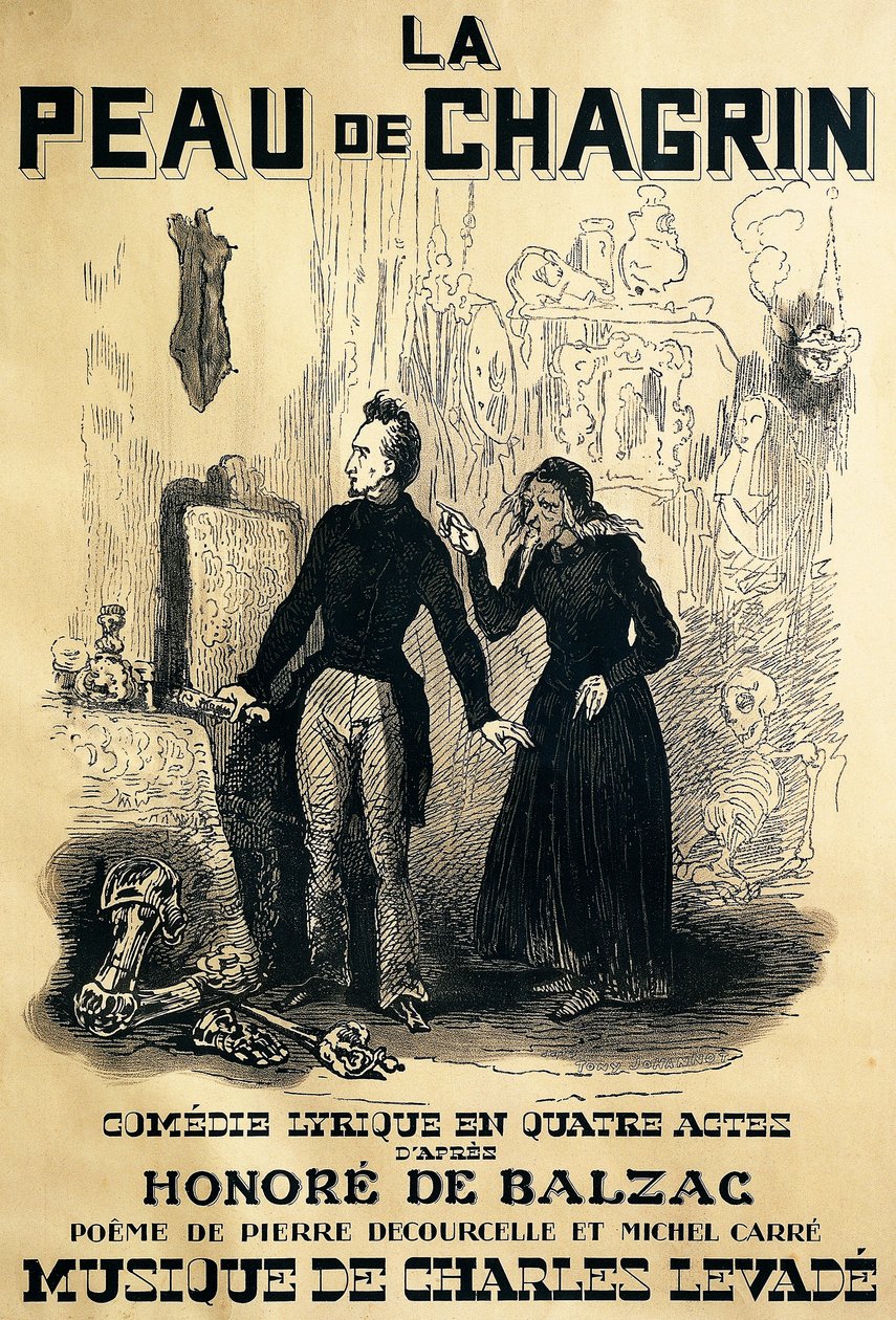Poster for Le peau de chagrin, comic opera, libretto by Pierre Decourcelle and Michel Carre, music by Charles Levade, from novel by Honore De Balzac, Drawing by Tony Johannot بواسطة توني جوهانو
