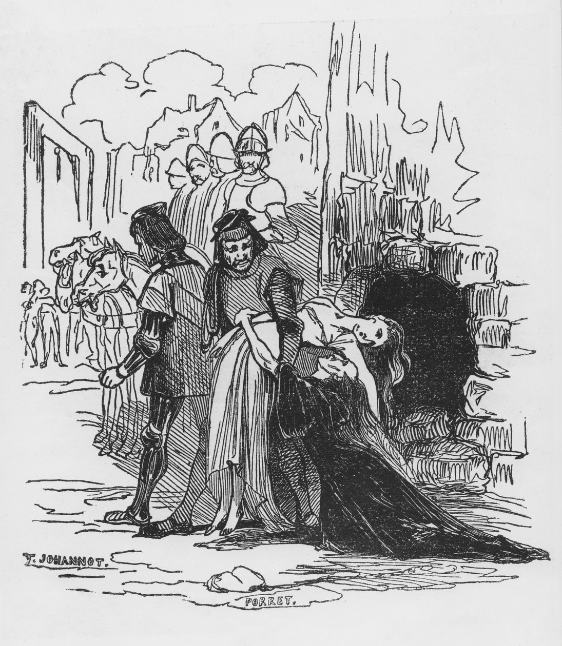 جنود يسحبون سجينة ، مثال على "أحدب نوتردام" بقلم فيكتور هوغو (1802-85) (صورة مطبوعة) بواسطة توني جوهانو