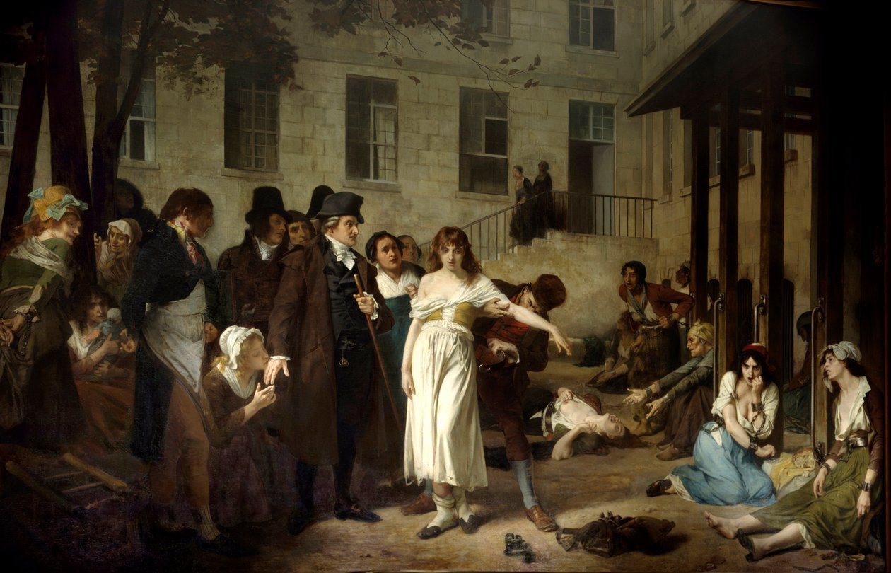 قام الطبيب فيليب بينيل (1745-1826) بتحرير الأجانب من سلاسلهم في عام 1795 في مستشفى سالبترير في باريس ، رسم توني روبرت فلوري (1837-1912) باريس ، مستشفى سالبترير في القرن التاسع عشر بواسطة توني روبرت فلوري