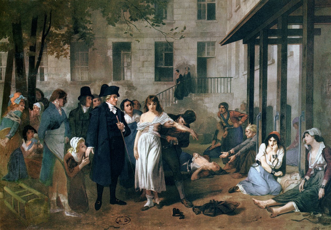 فيليب بينيل (1745-1826) يطلق سراح المجانين من سلاسلهم في ملجأ Salpetriere في باريس عام 1795 بواسطة توني روبرت فلوري
