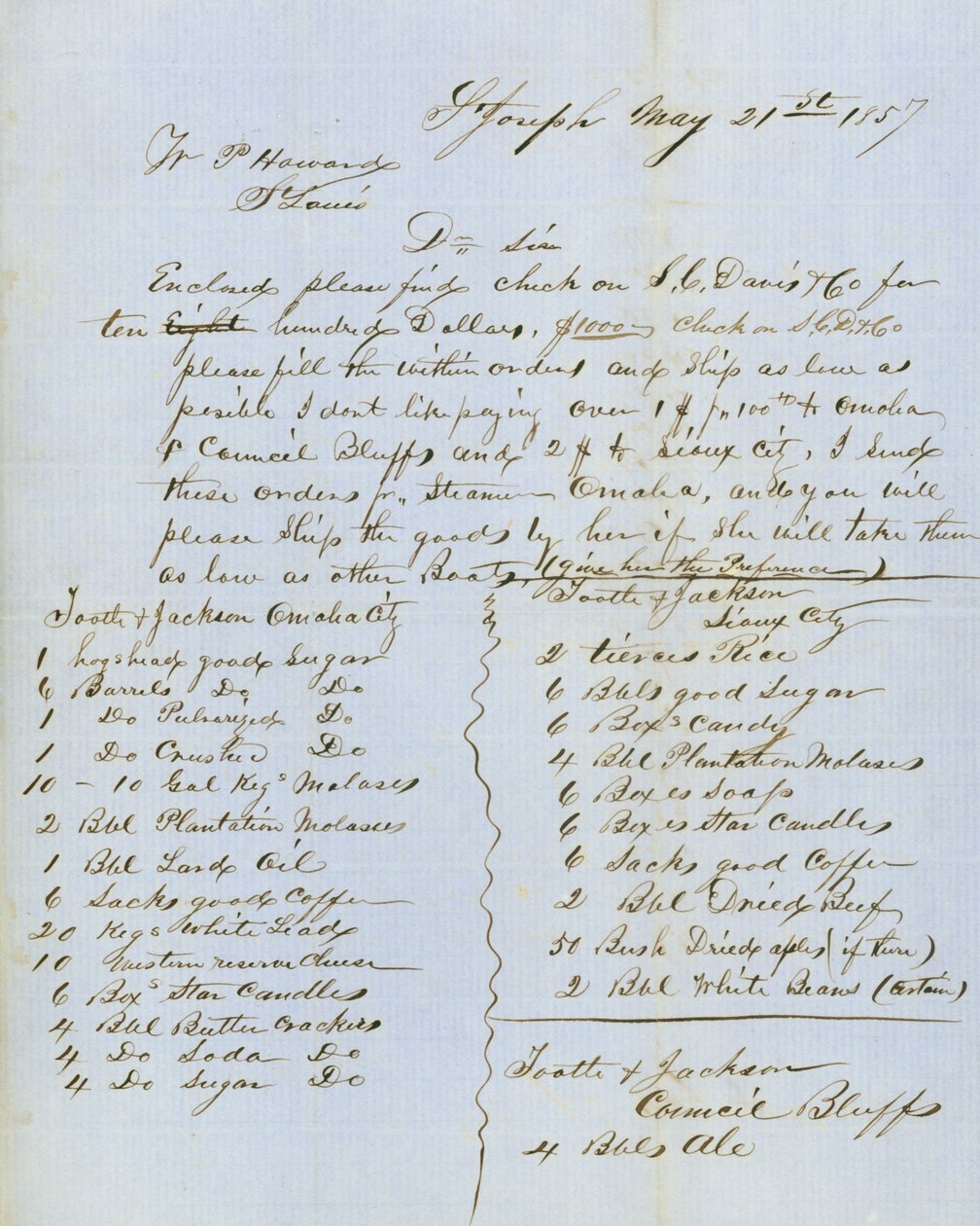 وقعت الرسالة على Tootle & Jackson ، Council Bluffs ، إلى WP Howard ، St. Louis ، 21 مايو 1857 بواسطة توتلي وجاكسون