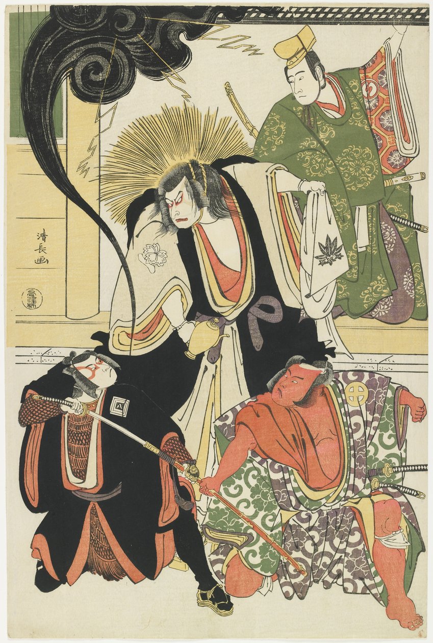 مشهد من AKbuki Play Yukimotsutake furisode Genji ، 1785 بواسطة توري كيوناجا