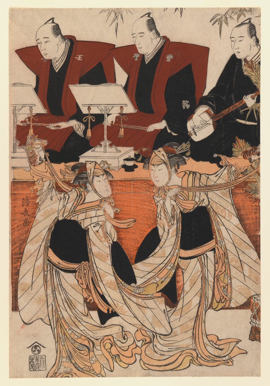 ممثلان مثل Iwai Hanshiro IV و Segawa Kikunojo III في رقصة Karukoma ، مصحوبًا بتلاوة Joruri ، c.1783 (طباعة لوح خشبي ملون) بواسطة توري كيوناجا