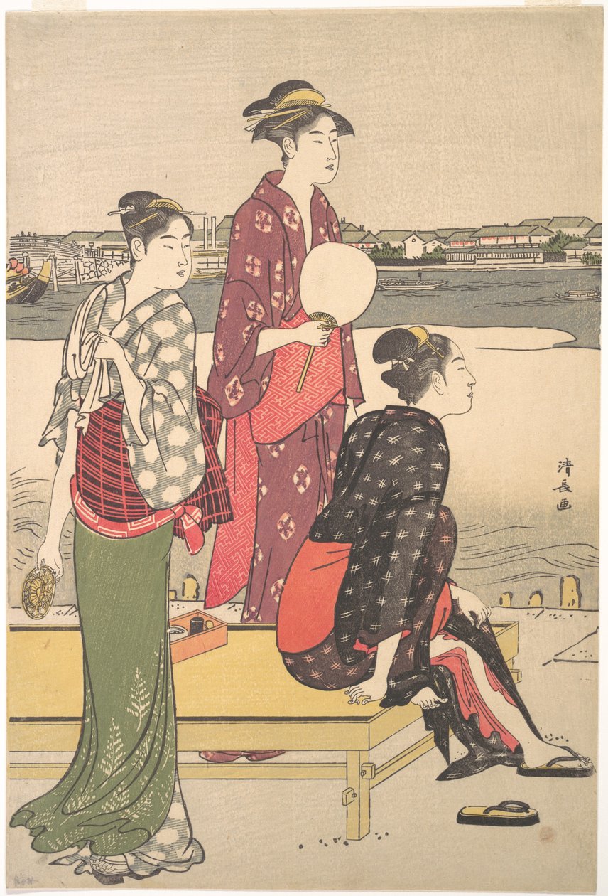 طبعة Ukiyo-e بالألوان الكاملة لثلاث من جمال Torii Kiyonaga بواسطة توري كيوناجا
