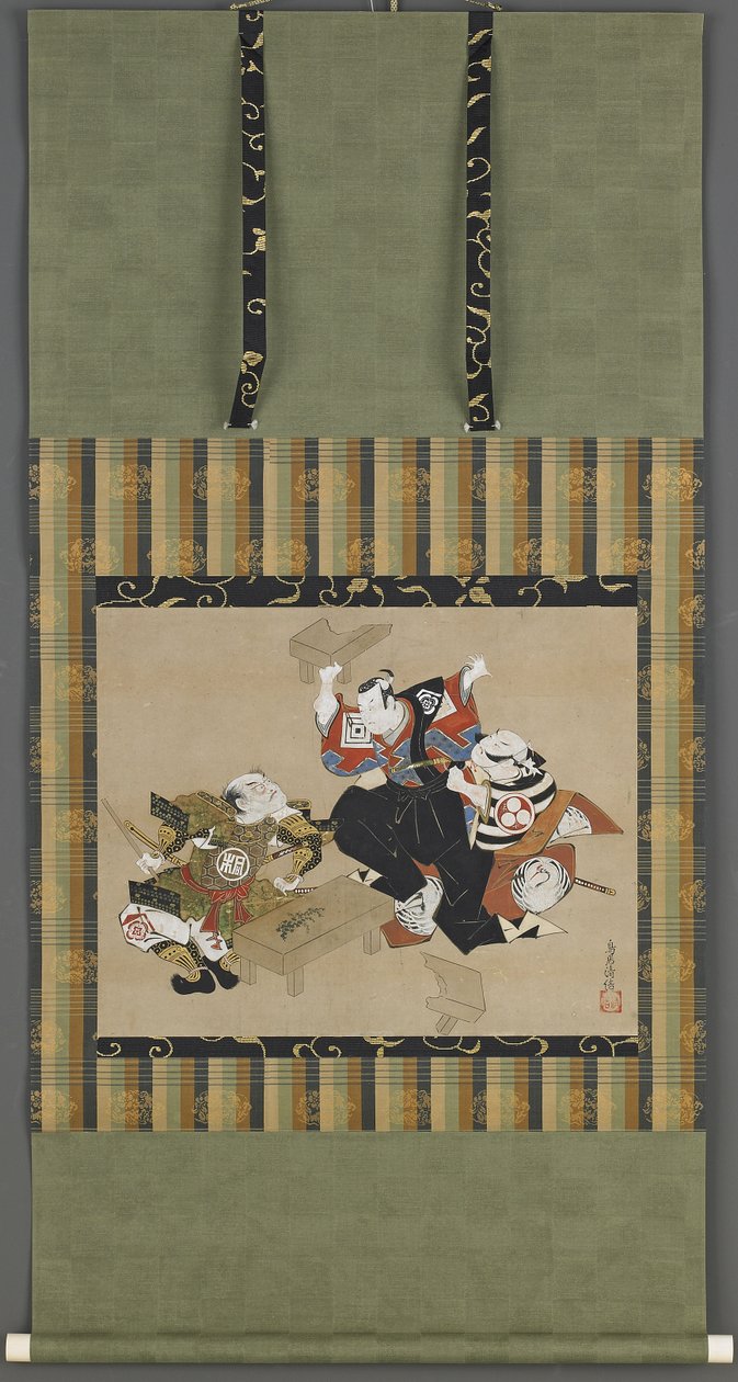 مشهد من مسرحية كابوكي ، فترة إيدو (حبر ، لون وذهب على ورق) بواسطة Torii Kiyonobu I Torii Kiyonobu I