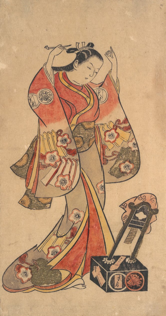 صورة لسانجو كانتارو في دور ياويا أوشيشي الأنثوي في مسرحية Fuji no ...، ca. 1730-40. بواسطة توري كيوماسو الثاني