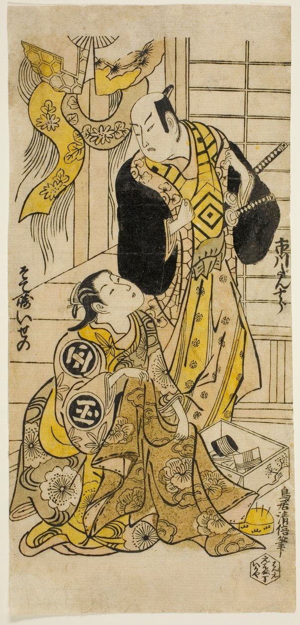 الممثلان Ichikawa Danjuro II و Sodesaki Iseno I بواسطة Torii Kiyomasu II