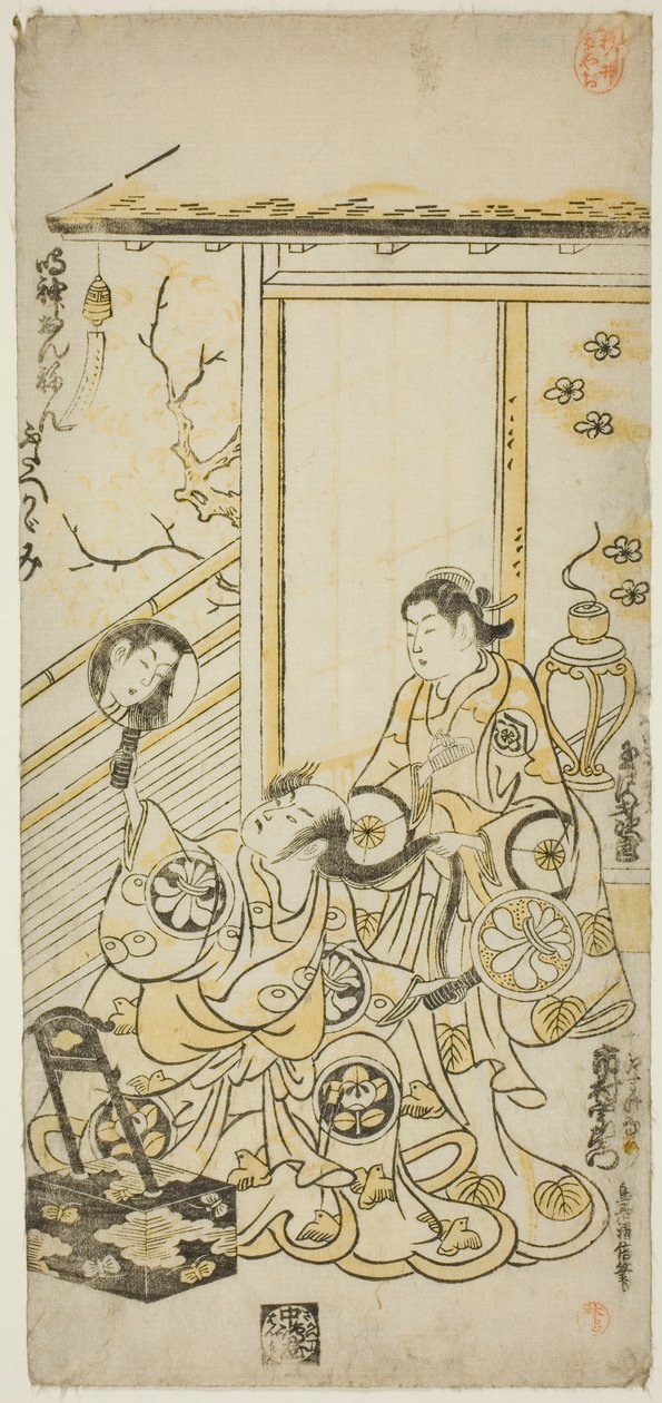 الممثلان Tamazawa Saijiro I بدور Oiso no Tora و Ichimura Uzaemon VIII في دور Soga no Juro في مسرحية "Haru wa Akebono Kuruwa Soga" التي عُرضت في مسرح Ichimura في الشهر الأول ، 1743 بواسطة Torii Kiyomasu II