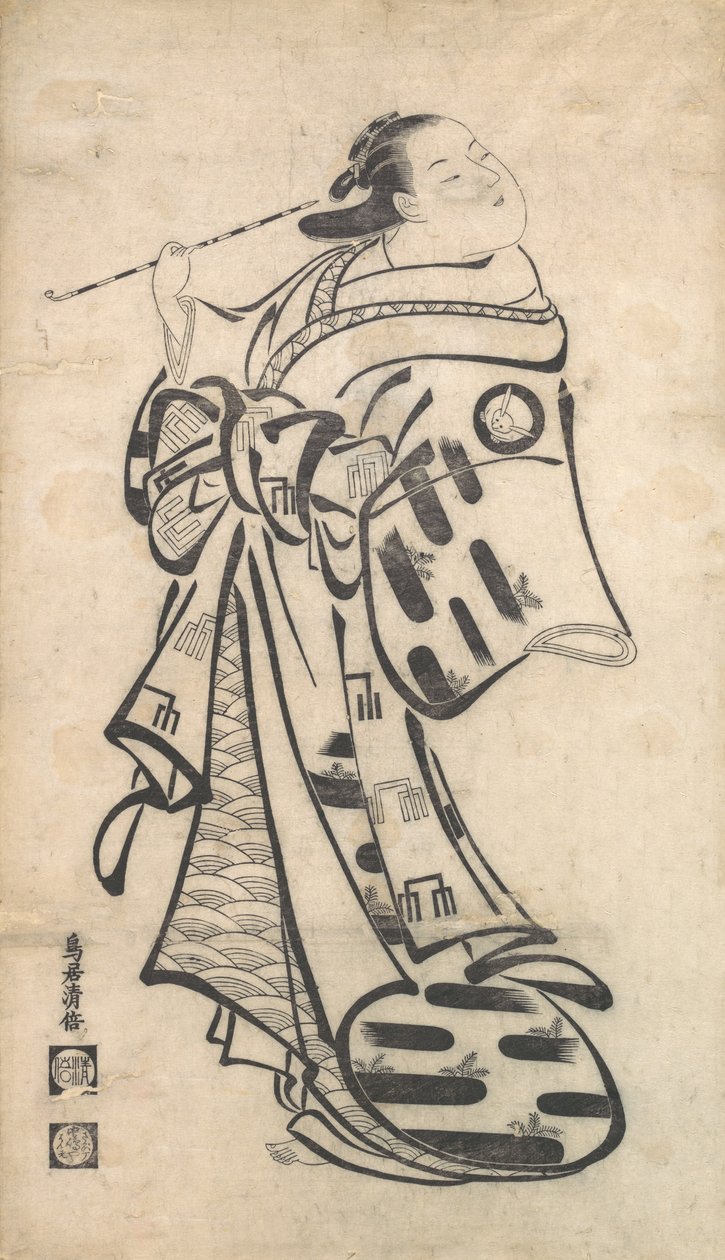 تقف Oiran ، أنبوب في يدها اليمنى ، وتستدير للنظر وراءها على شولها ... ، كاليفورنيا. 1705. بواسطة توري كيوماسو آي