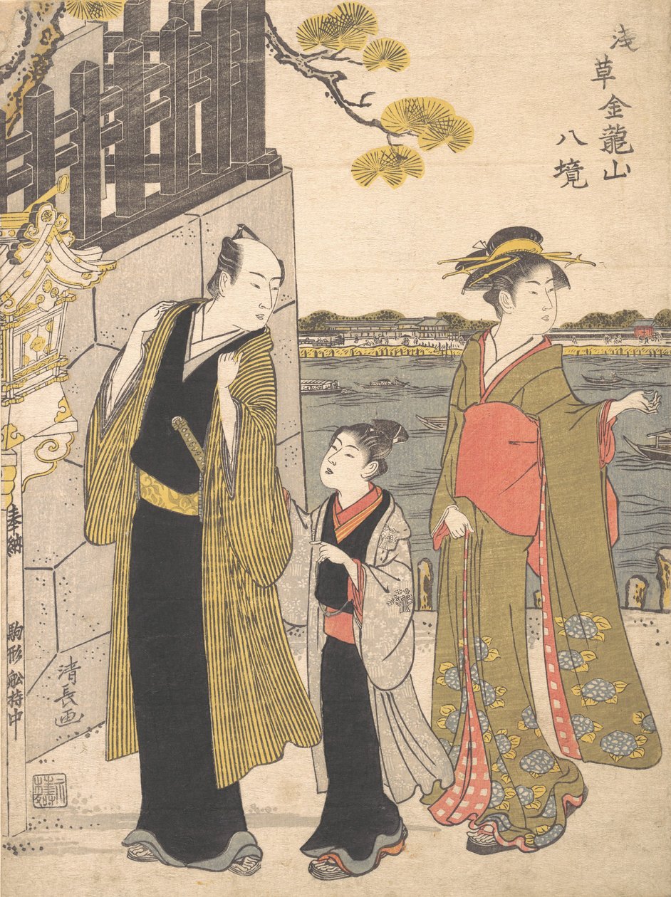 رجل مع صبي وغيشا يزوران معبد كينريوسان ، كاليفورنيا. 1787. بواسطة توري كيوناجا