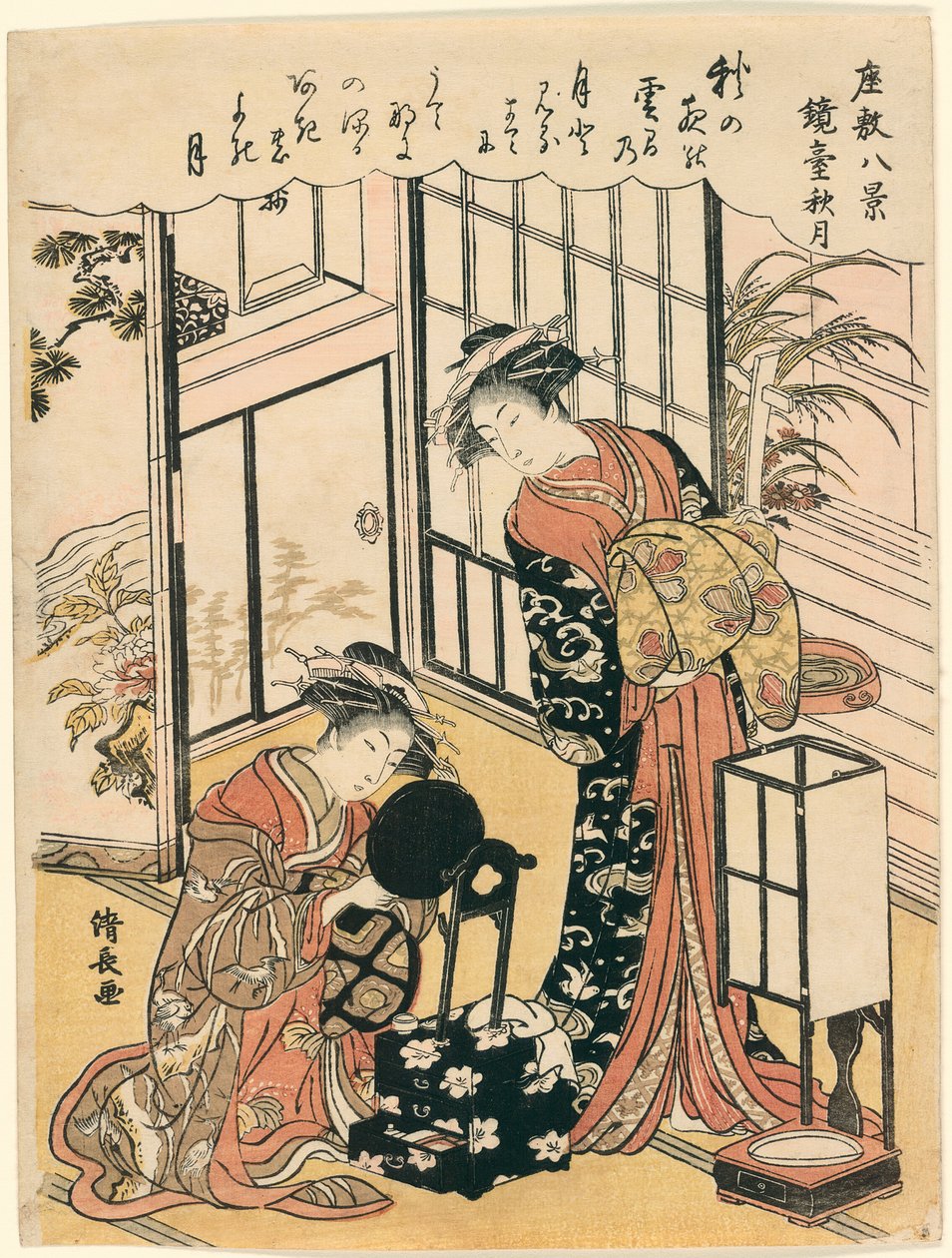 مرآة على حامل تقترح القمر الخريفي (Kyodai no shugetsu) ، من سلسلة "Eight Scenes of the Parlor (Zashiki hakkei)" بواسطة توري كيوناجا