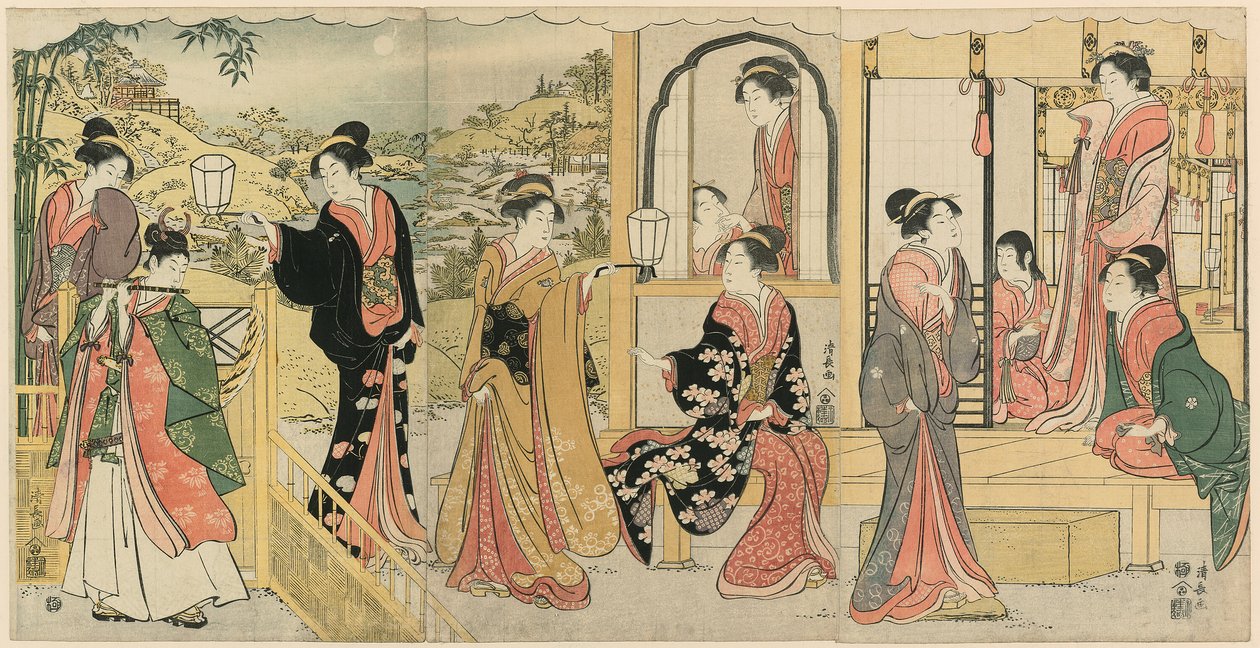 نسخة حديثة من Ushiwakamaru Serenading Princess Joruri بواسطة توري كيوناجا