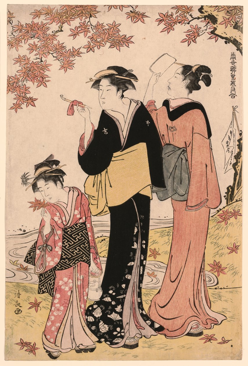 جميلات تحت شجرة القيقب ، من سلسلة "مجموعة من الجمال المعاصر لأحياء المتعة (Tosei yuri bijin awase)" بواسطة توري كيوناجا