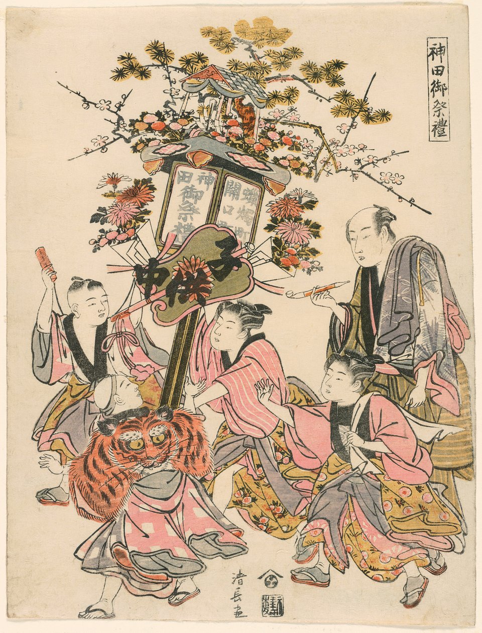 حمل فانوس مزين بجناح وجوهي وأزهار ومروحة (Sekiguchi-cho Rosoku-cho no banto) ، من سلسلة "مهرجان ضريح كاندا (Kanda go-sairei)" بواسطة توري كيوناجا