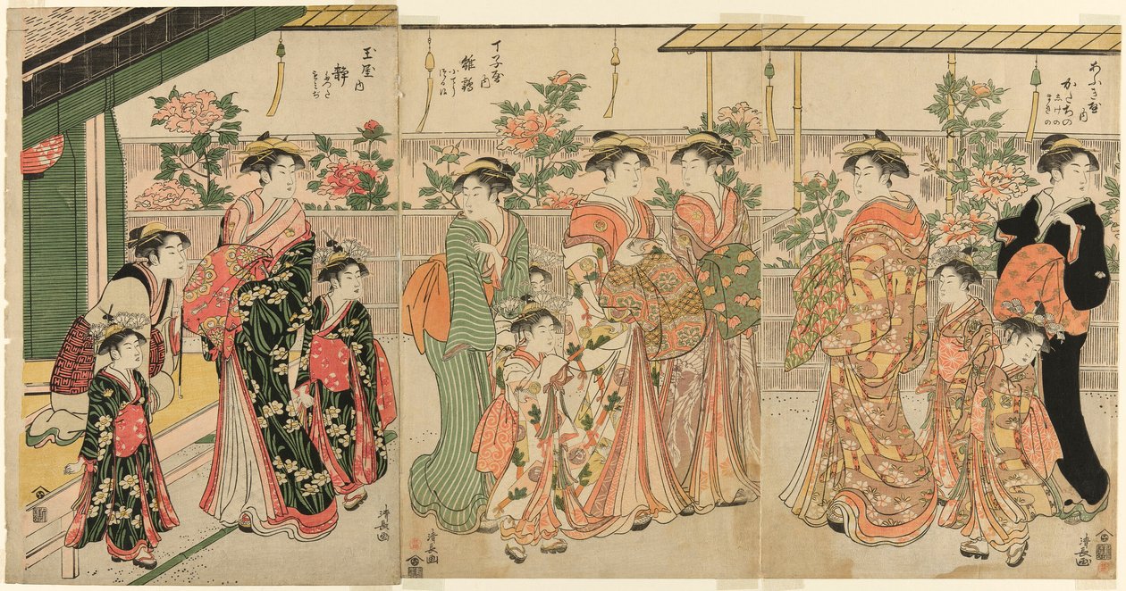 المحظيات من Yoshiwara ومرافقيهم يشاهدون الفاونيا في ناكانوتشو بواسطة توري كيوناجا
