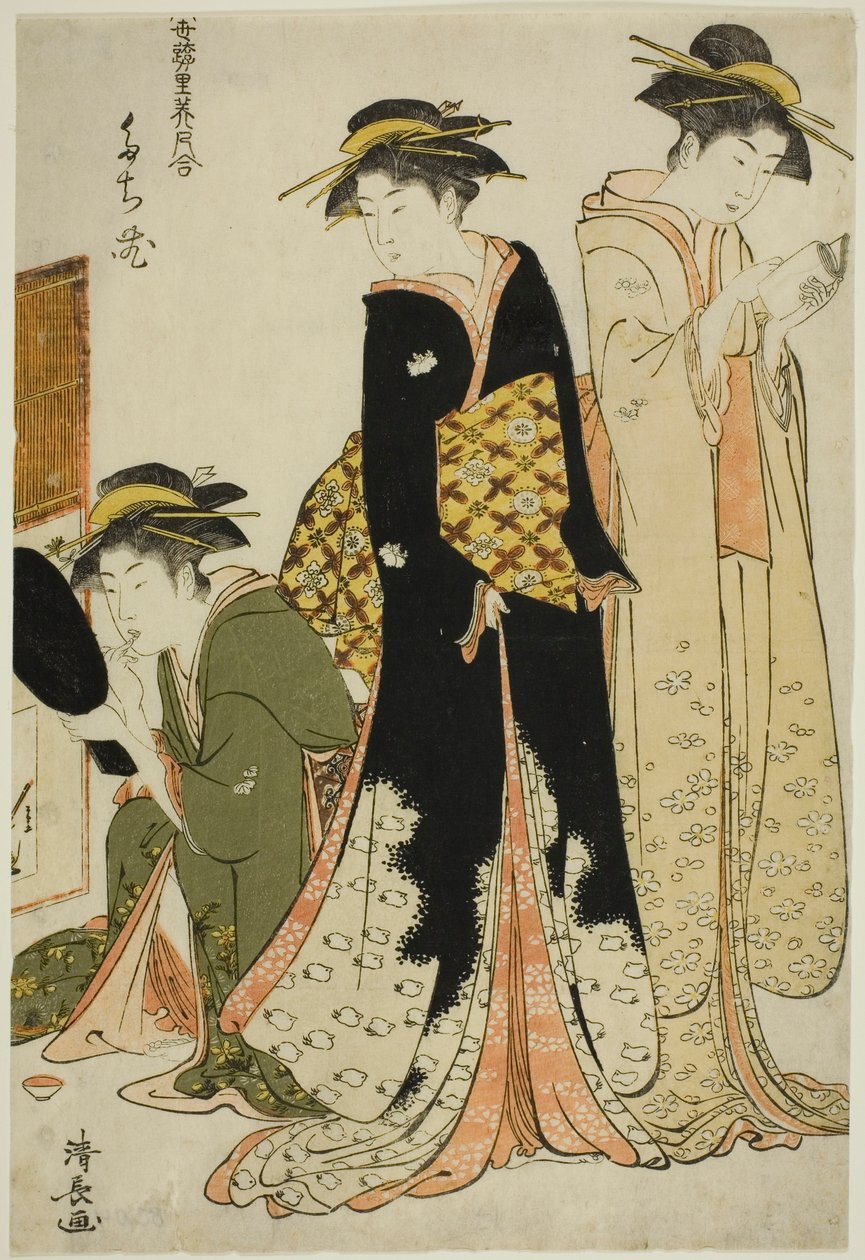 فنانو تاتشيبانا ، من سلسلة "مجموعة من الجمال المعاصر لأحياء المتعة (Tosei yuri bijin awase)" بواسطة توري كيوناجا