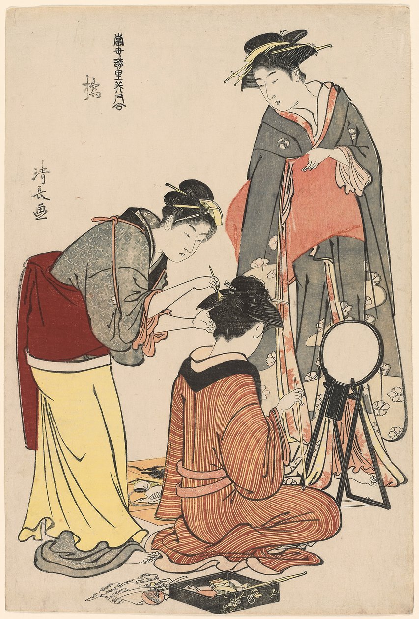 فنانو تاتشيبانا ، من سلسلة "مجموعة من الجمال المعاصر لأرباع المتعة (Tosei yuri bijin awase)" ، حوالي 1782 (طباعة خشبية ملونة ؛ oban) بواسطة توري كيوناجا