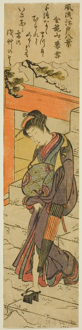 تساقط الثلوج في معبد Kinryuzan (Kinryuzan no bosetsu) ، من سلسلة "ثمانية مناظر عصرية لإيدو (Furyu Edo hakkei)" بواسطة توري كيوناجا