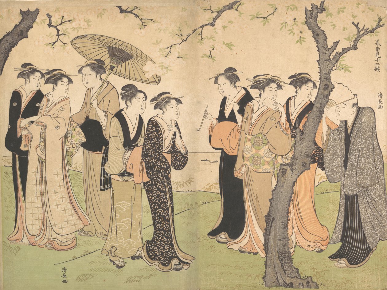 مجموعة من ستة جيشا تحت أشجار الكرز في جوتينياما ، كاليفورنيا. 1785. بواسطة توري كيوناجا