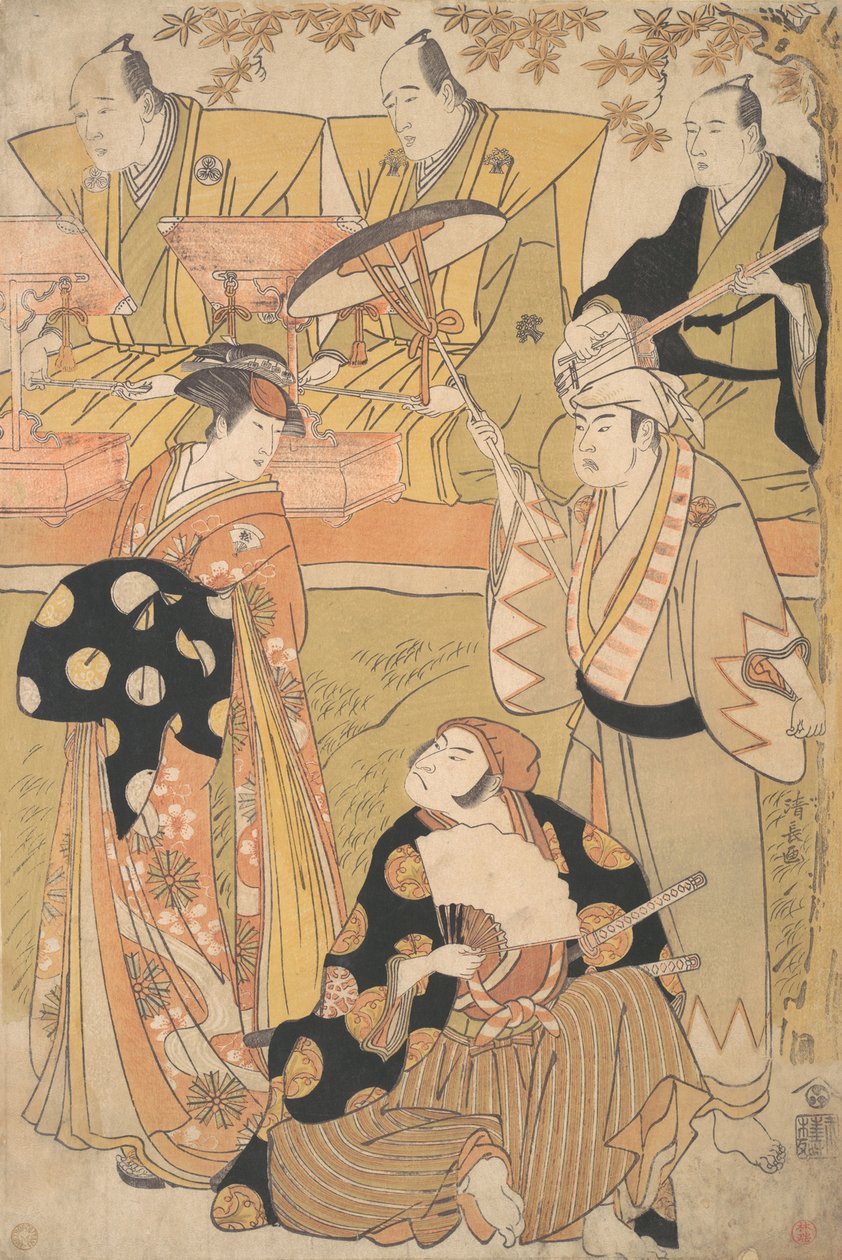 Onoe Matsusuke I بصفته Oiran يقف على اليسار ، يتحدث إلى ناكامورا ناكازو الأول بصفته سامًا ... ، كاليفورنيا. 1788. بواسطة توري كيوناجا