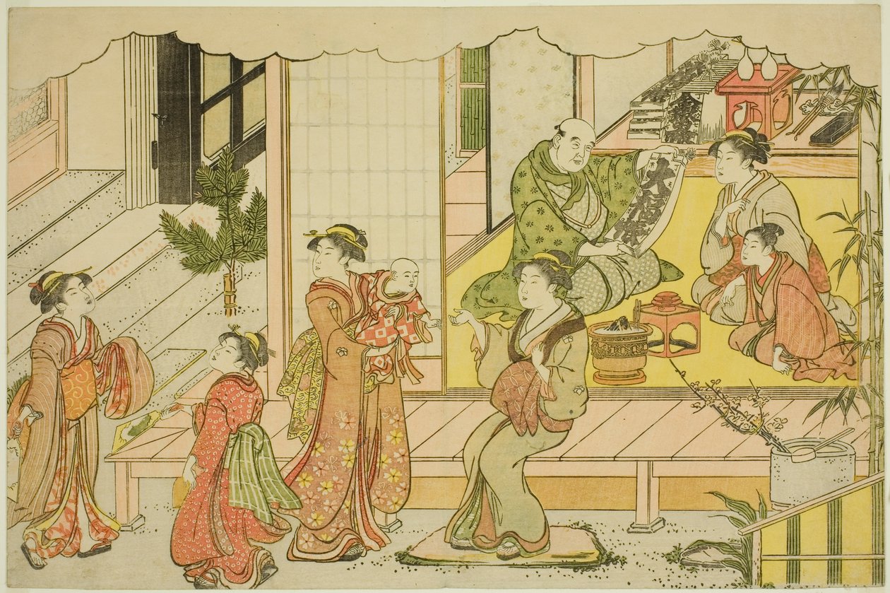 افتتاح المخزن (كورابيراكي) ، من الكتاب المصور "ألوان الفجر الثلاثي (Saishiki mitsu no asa)" بواسطة توري كيوناجا