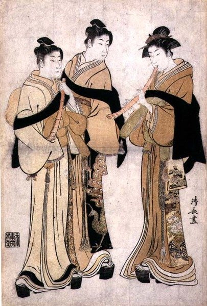 العزف على Shakuhachi ، حوالي 1782 (طباعة خشبية مع نقش أعمى) بواسطة توري كيوناجا
