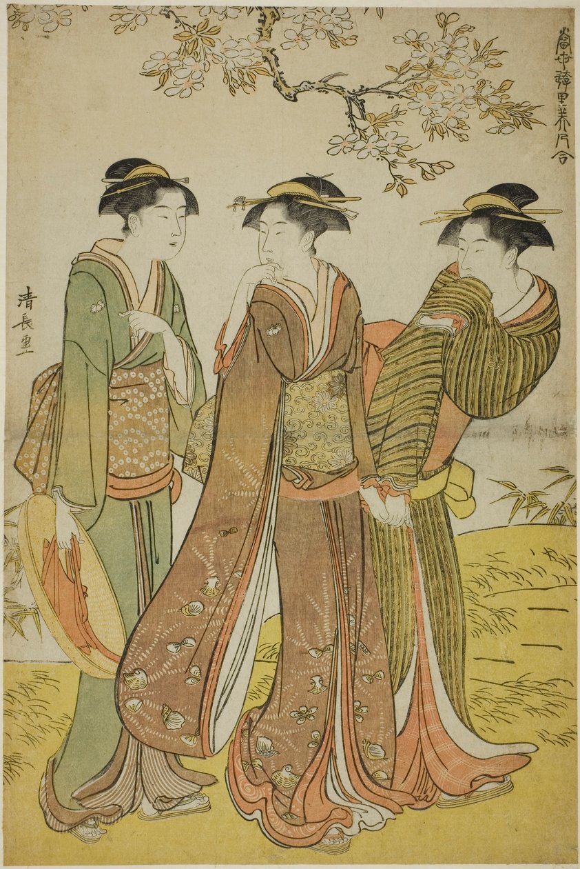 نزهة الربيع ، من سلسلة "مجموعة من الجمال المعاصر لأحياء المتعة (Tosei yuri bijin awase)" بواسطة توري كيوناجا