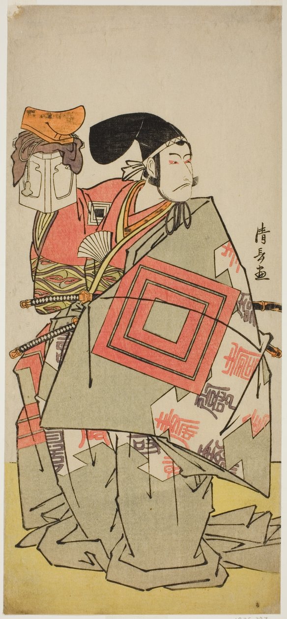 الممثل Ichikawa Danjuro V في دور Minamoto no Yoshiie ، في مسرحية "Date Nishiki Tsui no Yumitori" ، التي عُرضت في مسرح موريتا في الشهر الحادي عشر ، 1778 (؟) بواسطة توري كيوناجا