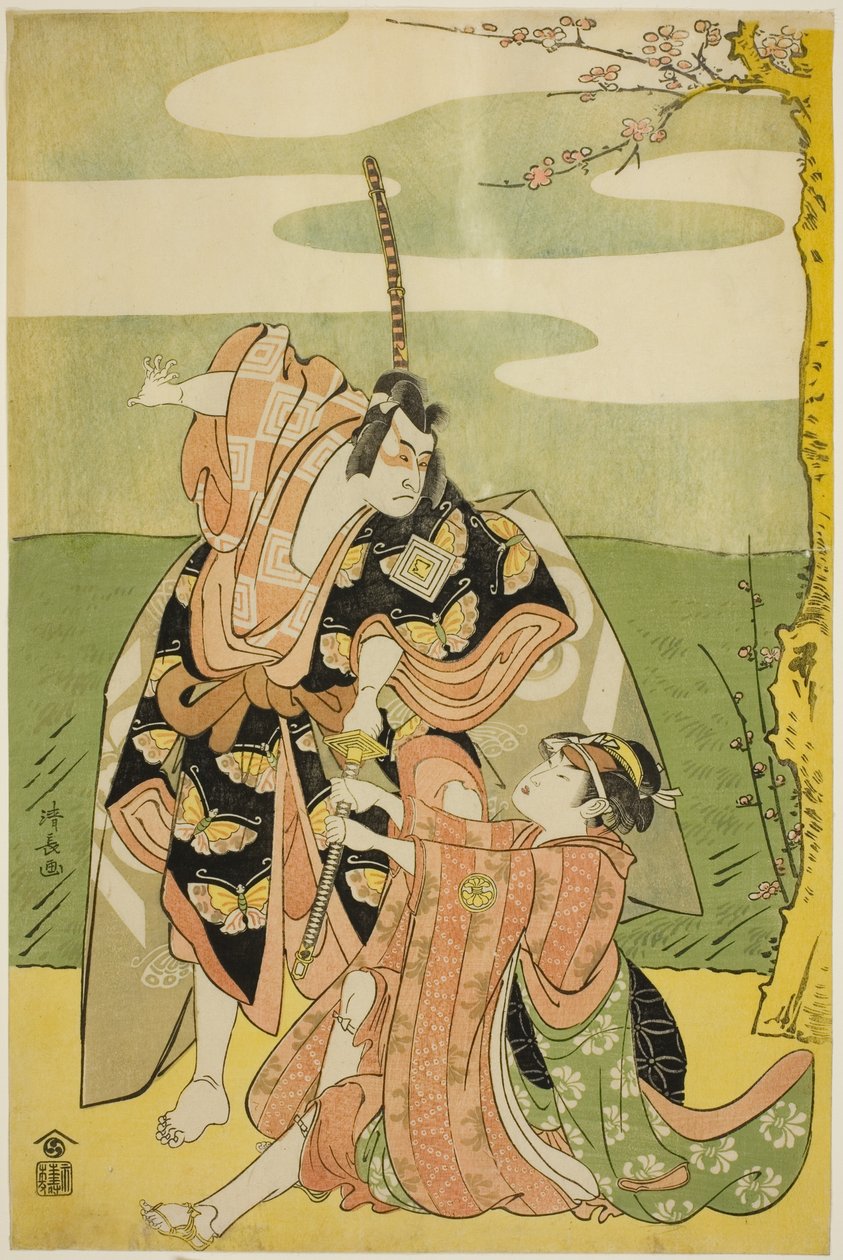 الممثل Ichikawa Monnosuke II في دور Soga no Goro و Segawa Kikunojo III في دور Tsukisayo ، في مسرحية "Nanakusa Yosooi Soga" ، التي عُرضت في مسرح ناكامورا في الشهر الأول ، 1782 بواسطة توري كيوناجا