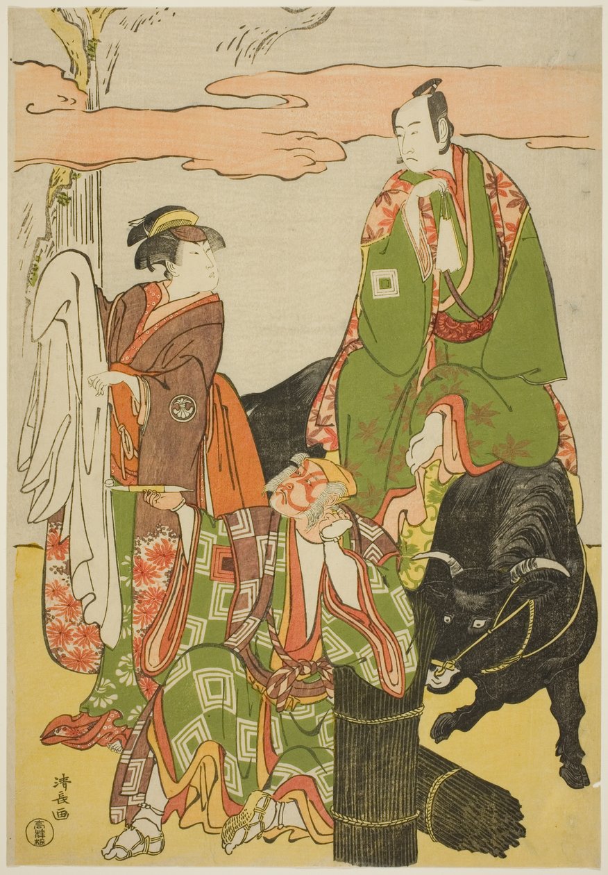 قام الممثلون Ichikawa Monnosuke II بدور Miyukinosuke و Segawa Kikunojo III بدور Hatsune-hime و Ichikawa Danjuro V في دور Ninnaji no Saibei ، في الجوروري "Shitenno Oe no Yamairi" ، وقد تم أداؤهم في مسرح كيري في الشهر الحادي عشر ، 1785 بواسطة توري كيوناجا