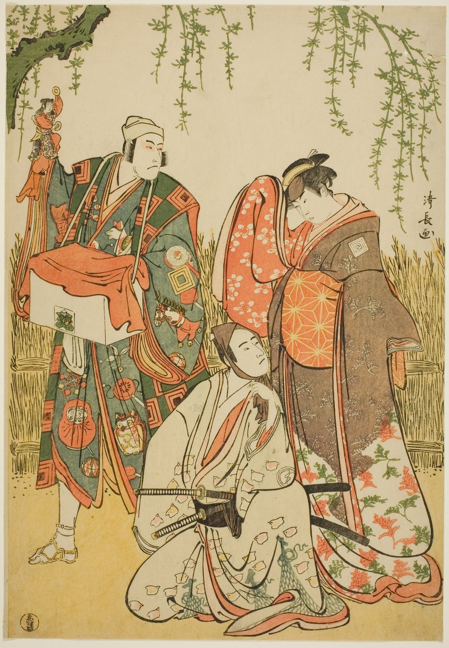 قام الممثلون Ichikawa Yaozo III بدور Shiragiku ، و Ichikawa Danjuro V بدور محرك الدمى Dekurokubei ، و Sawamura Sojuro III في دور Soga no Juro ، في الجوروري "Shinobukoi Yanagi no Katsura Otoko" ، وقد تم أداؤه في مسرح ناكامورا في الشهر الأول ، 1785 بواسطة توري كيوناجا