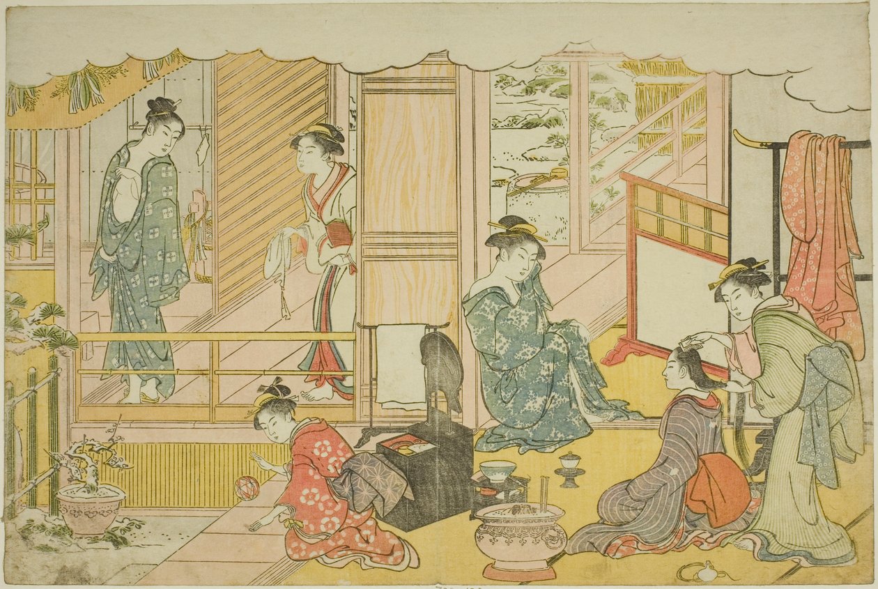 الحمام الأول للعام الجديد (Yudono hajime) ، من الكتاب المصور "ألوان الفجر الثلاثي (Saishiki mitsu no asa)" بواسطة توري كيوناجا