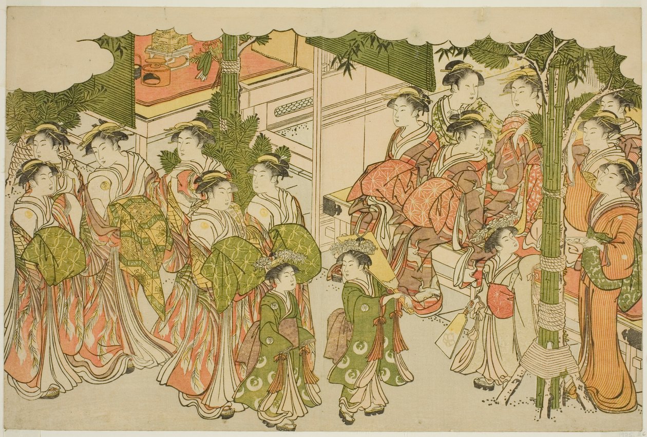 الملابس الأولى للعام الجديد (كيسو هاجيمي) ، من الكتاب المصور "ألوان الفجر الثلاثي (Saishiki mitsu no asa)" بواسطة توري كيوناجا