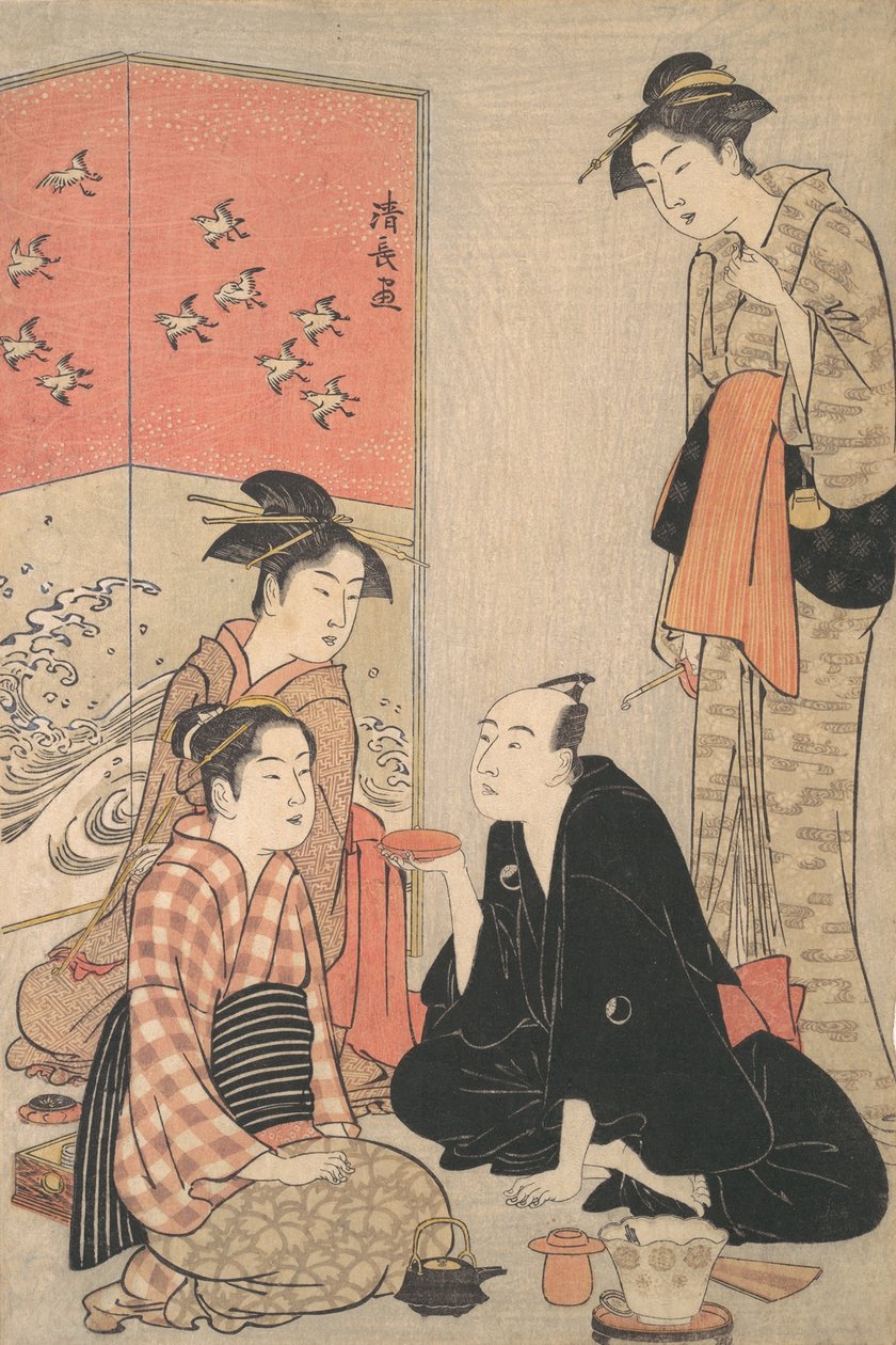 الممثل كابوكي ساوامورا سوجورو الثالث والمحظيات ، كاليفورنيا. 1783-84. بواسطة توري كيوناجا