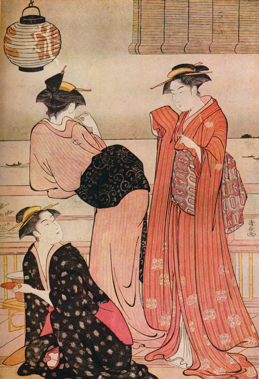 ثلاث فتيات في الشرفة الأرضية لمنزل شاي يطل على خليج إيدو في شيناغاوا ، c1752-1815 بواسطة توري كيوناجا