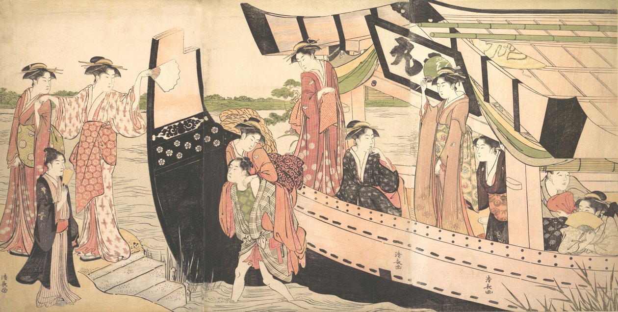 نساء ينزلن من قارب متعة مرسوم على الشاطئ في موكوجيما على نهر سوميدا ، ... ، كاليفورنيا. 1785. بواسطة توري كيوناجا