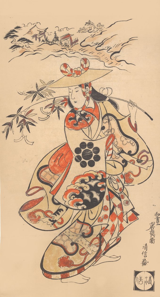 الممثلة ساوامورا كودنجي بدور امرأة في زمن مهرجان تاناباتا ، 1698. بواسطة Torii Kiyonobu I