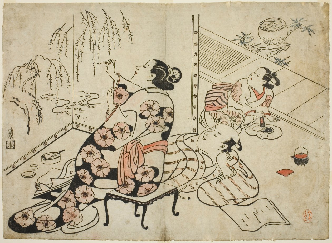 المحظية ترسم شاشة ، من سلسلة من 12 مطبوعة مثيرة بواسطة Torii Kiyonobu I