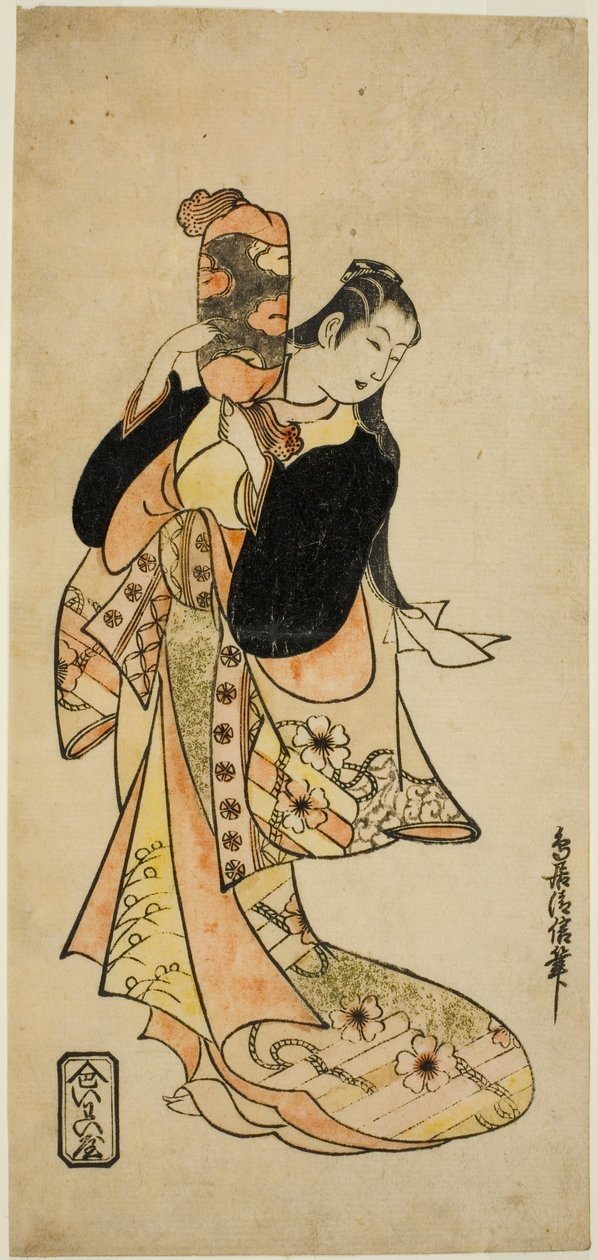 الممثل Ichikawa Monnosuke I بدور Oiso no Tora في مسرحية "Nigiwai Suehiro Soga" ، التي قدمت في مسرح موريتا في الشهر الأول ، 1721 (؟) بواسطة Torii Kiyonobu I