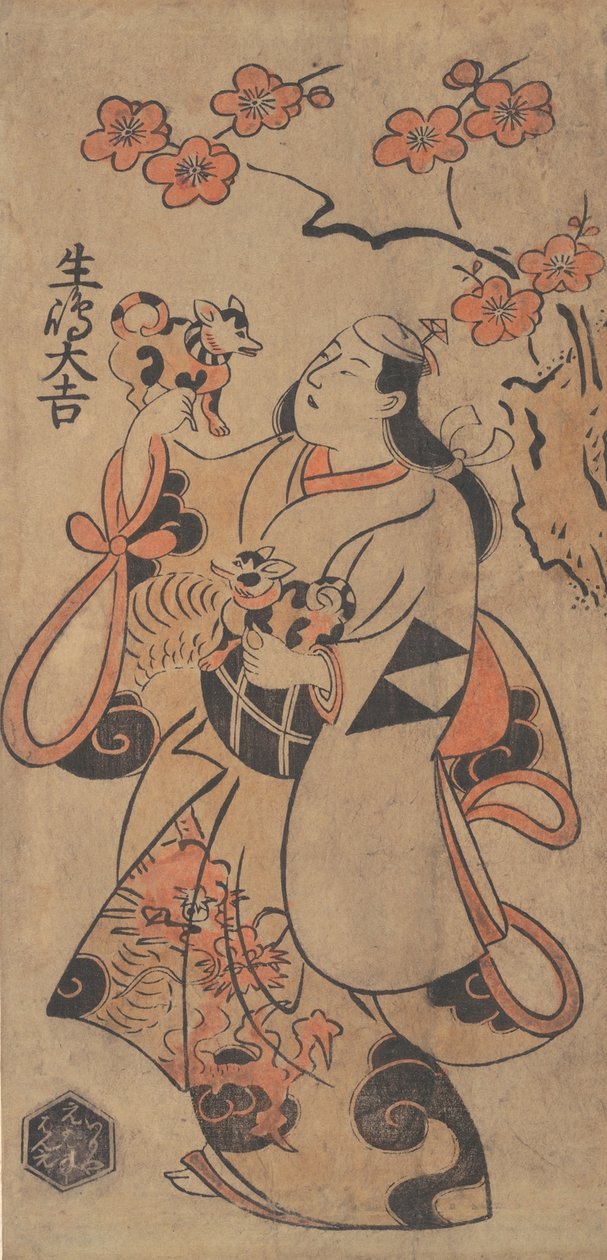 الممثل إكوشيما ديكيتشي في دور امرأة تقف تحت شجرة أوم ، حوالي عام 1705. بواسطة Torii Kiyonobu I