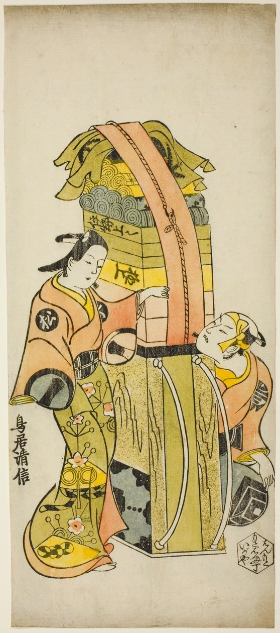 الممثلان Ichikawa Danjuro II بدور Kamada Matahachi و Ichikawa Monnosuke I في دور Hisamatsu في مسرحية "Osome Hisamatsu Shinju Tamoto no Shirashibori" التي تم عرضها في مسرح موريتا ، 1720 بواسطة Torii Kiyonobu I