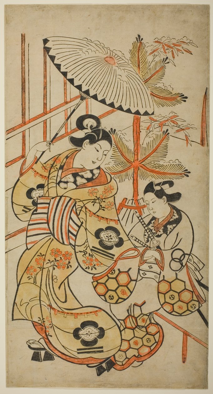 الممثلان ماتسوموتو هيوزو في دور مومس و ناكاجاوا هانزابورو كشاب بواسطة Torii Kiyonobu I