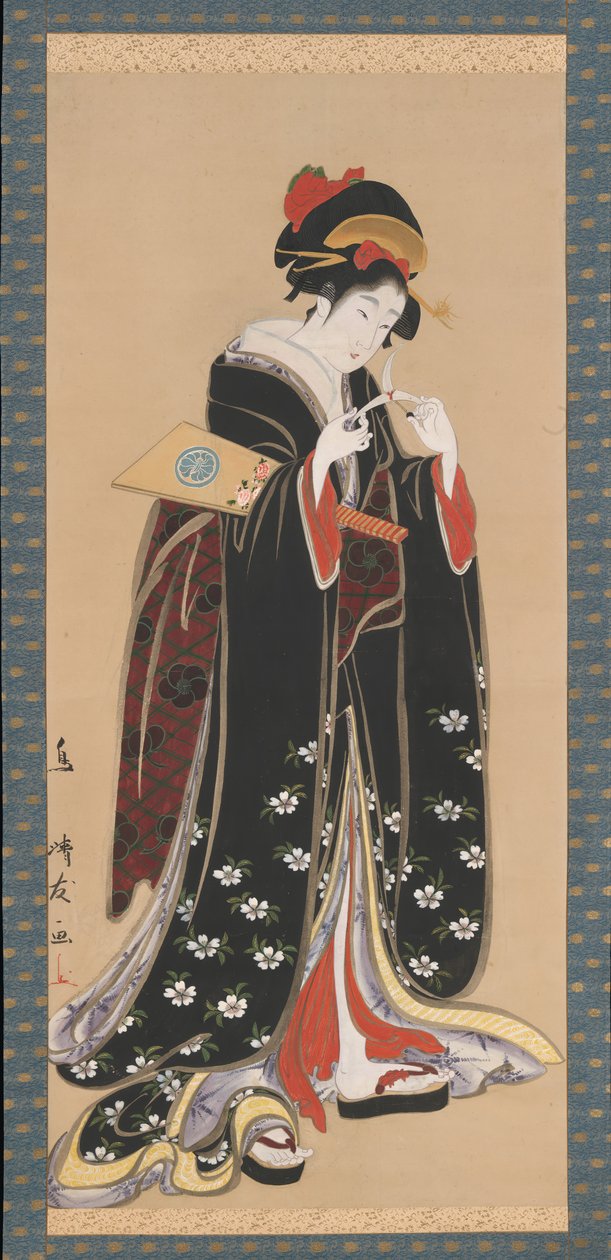 امرأة مع Battledore و Shuttlecock ، 1815-20. بواسطة Torii Kiyotomo
